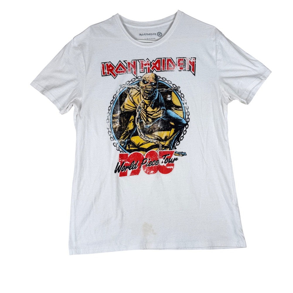 Iron Maiden 1983 World Piece Tour Graphic T-Shirt Mens Large White Eddie Tee